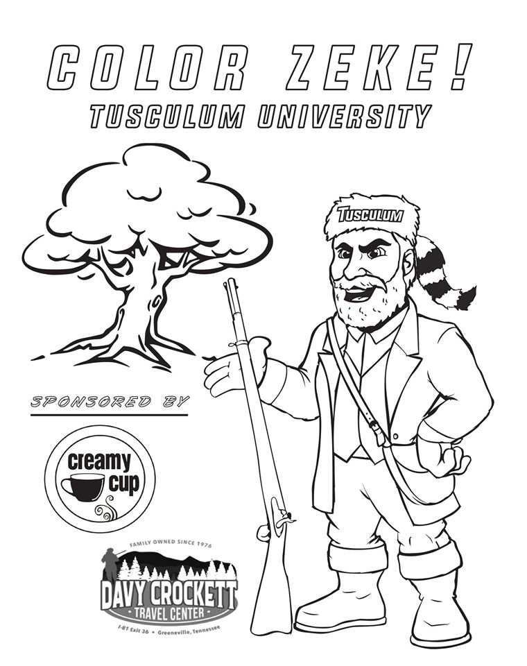 black and white coloring page of a tree and pioneer mascot